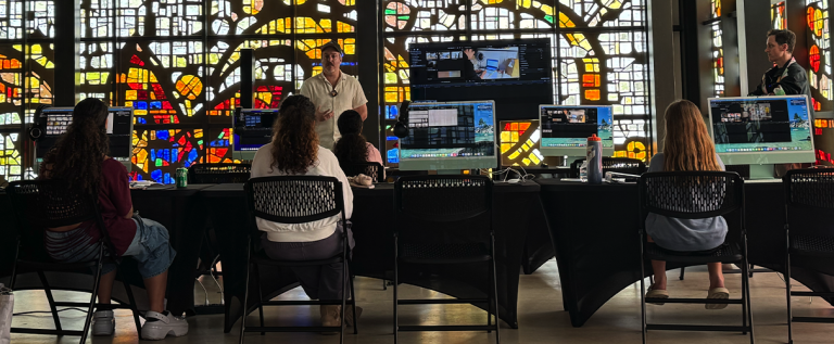 Youth filmmakers editing their short films using Apple products provided by Apple during the What Do You See? Short Film Fellowship in Miami